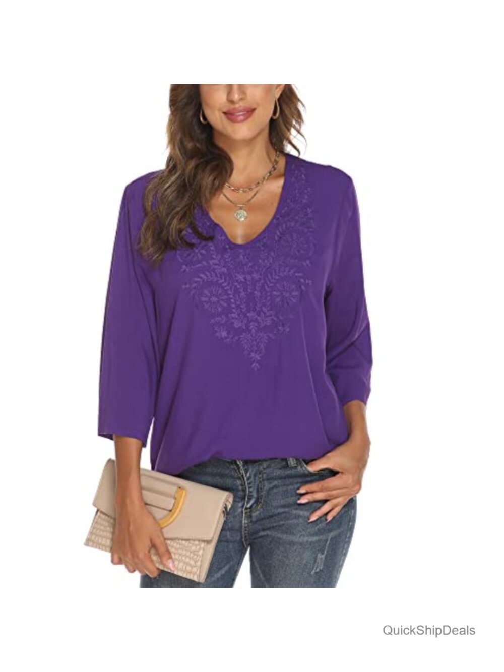 Women's Embroidered Tunic Top 100% Rayon Loose Fit V-Neck Peasant Blouse
